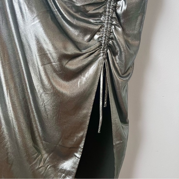 AllSaints Carla Gathered Silver Metallic Midi Skirt Side Split Polyester Size 10 - Picture 7 of 15